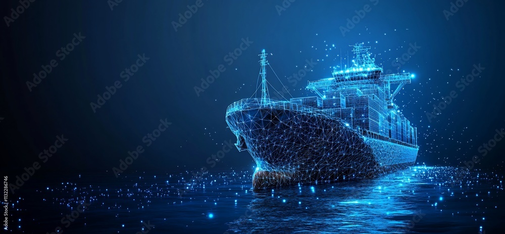 Poster A digital representation of a ship navigating through a blue ocean.
