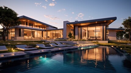Modern Luxury Home Evening Poolside Relaxation