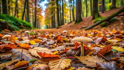 Close up of rich forest floor with fallen leaves, twigs, and mushrooms , forest floor, close up, ground texture