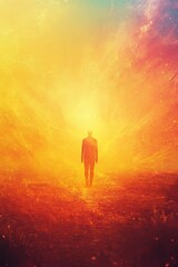 Fototapeta premium Silhouette walks toward bright, fiery, landscape.