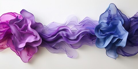 Translucent silk fabric flows elegantly, showcasing shades of purple and pink in a delicate wave pattern against a light background.