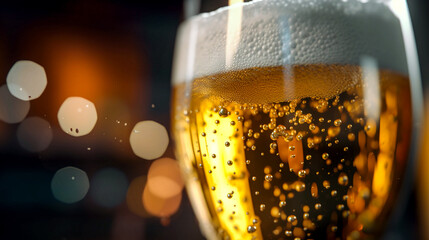 A beer glass with oxygen bubbles, froth and foam in glass. Macro photo of hop alcoholic beverage. Octoberfest festival. Cold ale beverage in pub, bar.