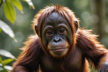 Naklejka premium Close view of Orangutan cub against natural environment blurred background.