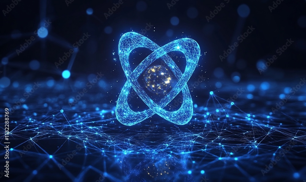 Poster A glowing atomic structure representing scientific concepts and technology.