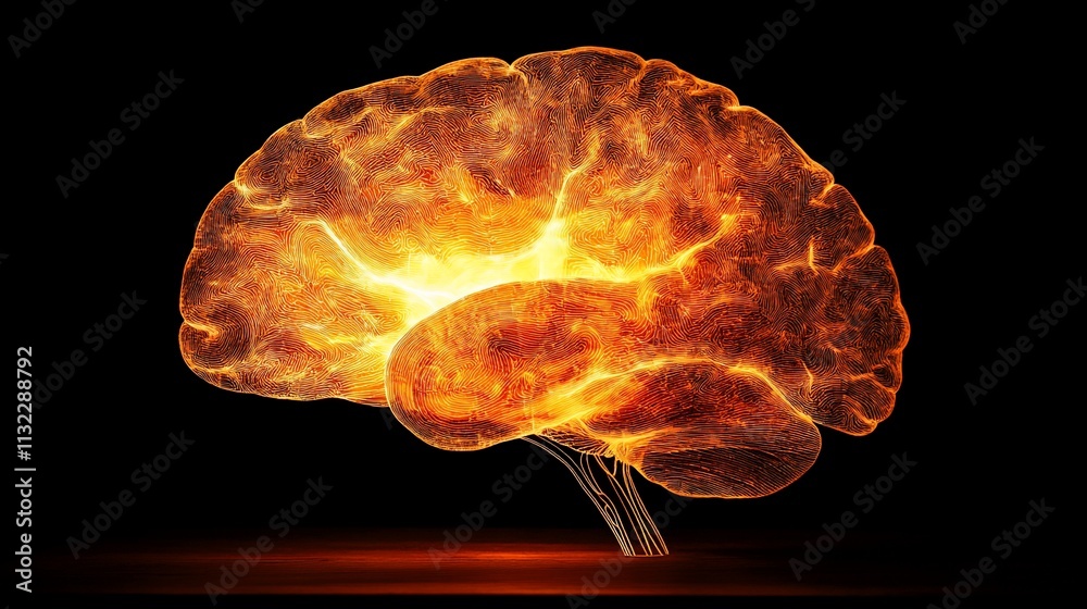 Poster a glowing, fiery representation of a brain, symbolizing thought and creativity.