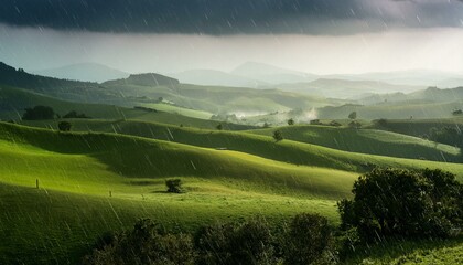 Fototapeta premium Rain-washed Green Hills, Dramatic Sky, Pastoral Landscape