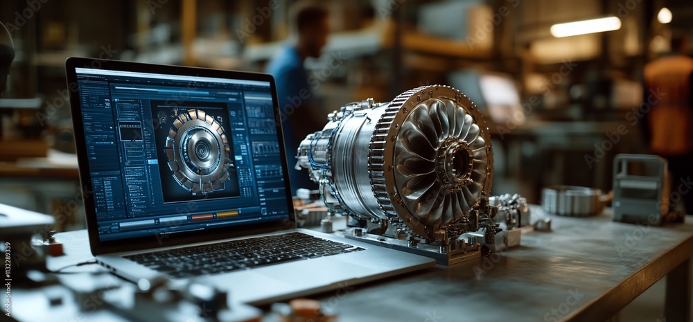 Poster A laptop displays a 3D model beside a detailed engine component in a workshop.