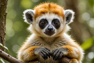Obraz premium Close view of Golden-Crowned Sifaka cub against natural environment blurred background.