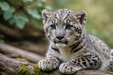 Fototapeta premium Close view of Snow Leopard cub against natural environment blurred background.