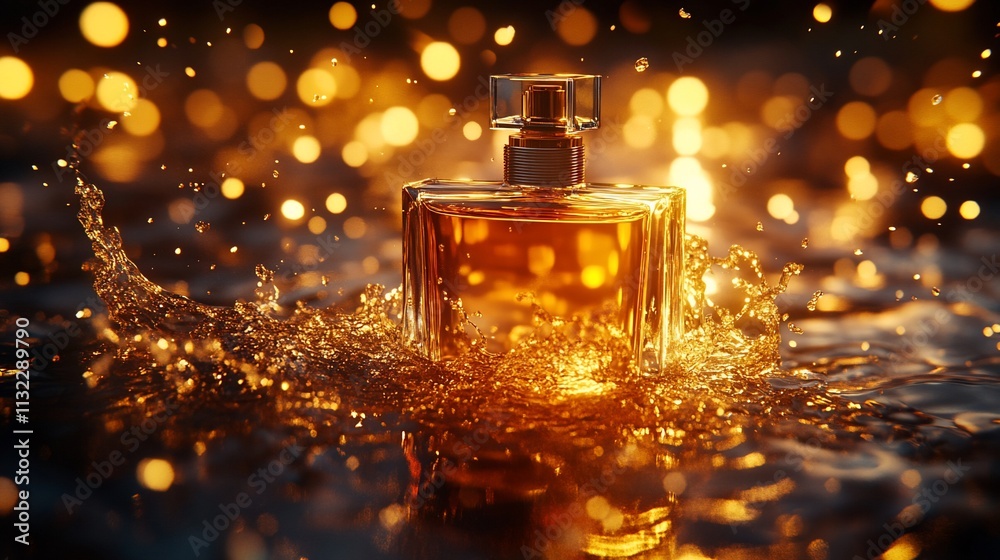 Poster a perfume bottle splashes in water, illuminated by sparkling lights.