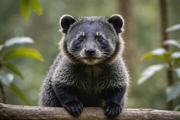 Obraz premium Close view of Binturong cub against natural environment blurred background.