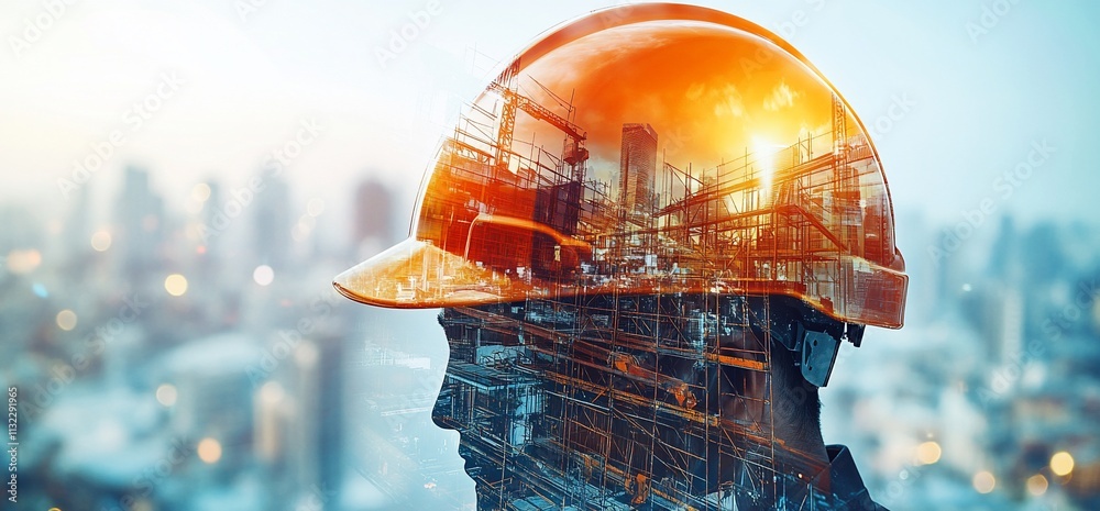 Poster a silhouette of a worker in a hard hat with a cityscape overlay.