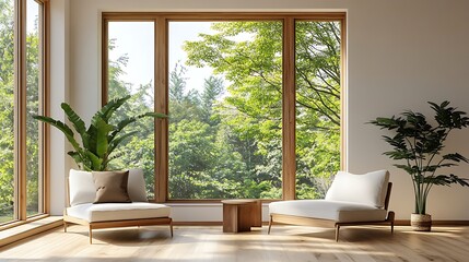 Fototapeta premium Modern living room design bright space with nature's tranquility