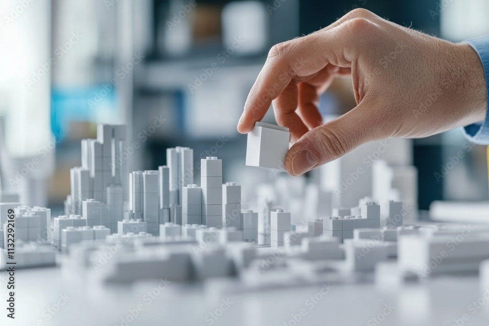 Poster hand placing a block on a cityscape model.