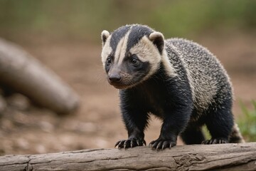 Close view of Honey Badger cub against natural environment blurred background.