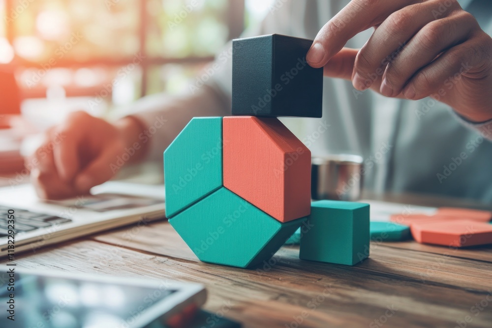 Poster person building a colorful block structure on a wooden desk.