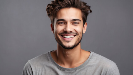 Fototapeta premium Young Man with Beautiful Smile on Grey Background