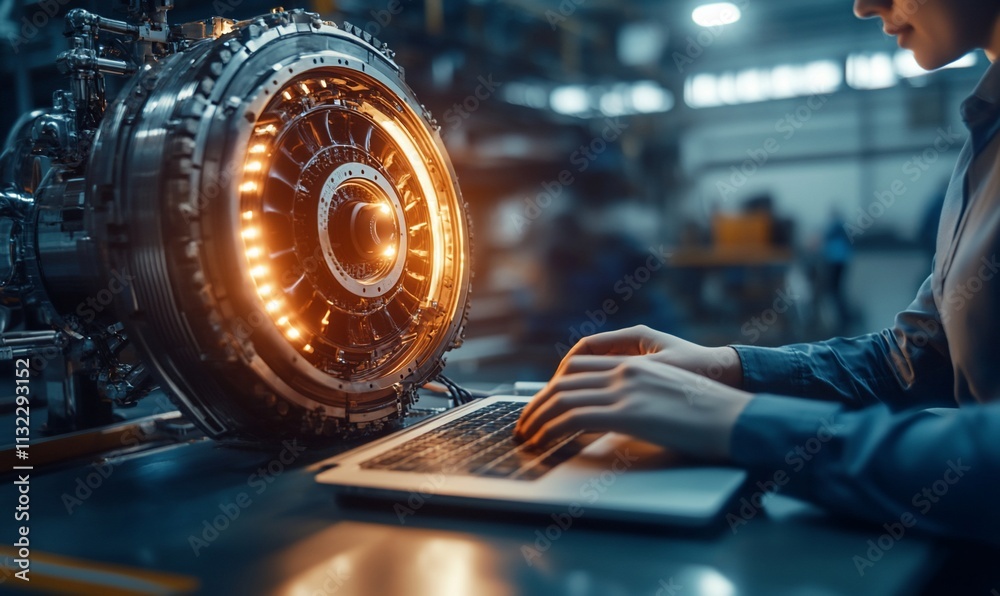 Poster a technician working on machinery with a glowing turbine and laptop.
