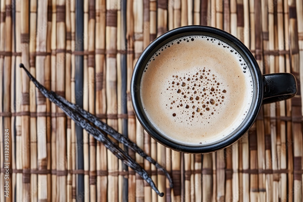 Aufkleber overhead view of a cup of vanilla latte on a bamboo mat.