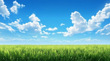 Fototapeta premium Lush green field under a bright blue, cloudy sky.