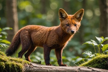 Fototapeta premium Close view of Ussuri Dhole cub against natural environment blurred background.