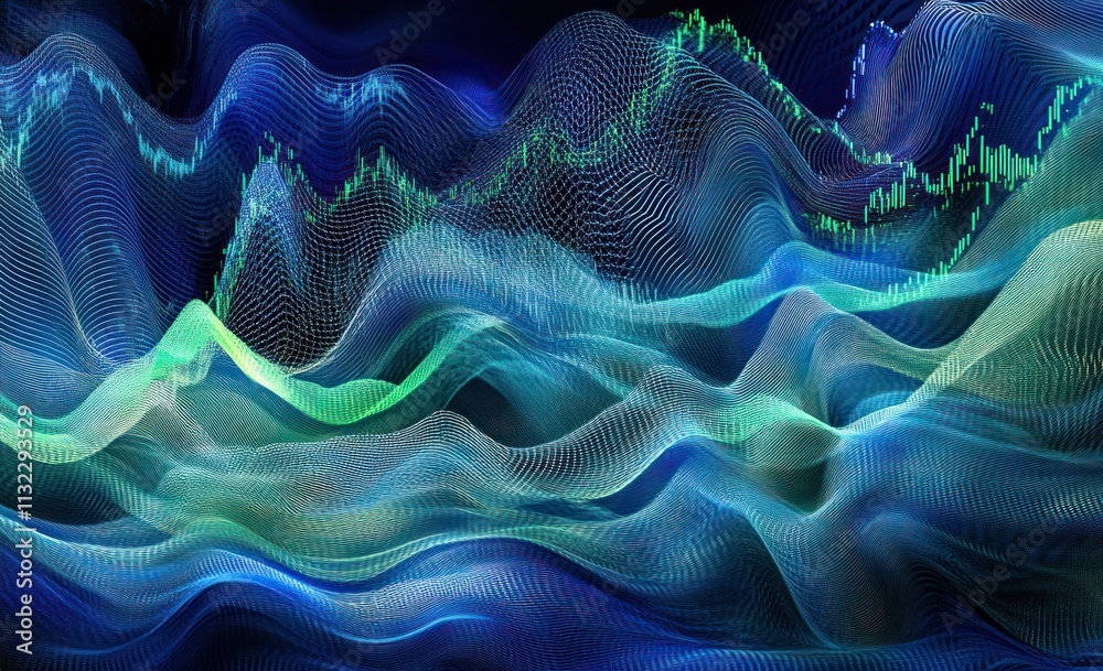 Leinwandbilder abstract wavy data visualization with glowing lines and green and blue color scheme.