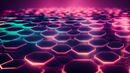 Obraz premium A vibrant, futuristic hexagonal pattern with glowing edges, creating a digital landscape.