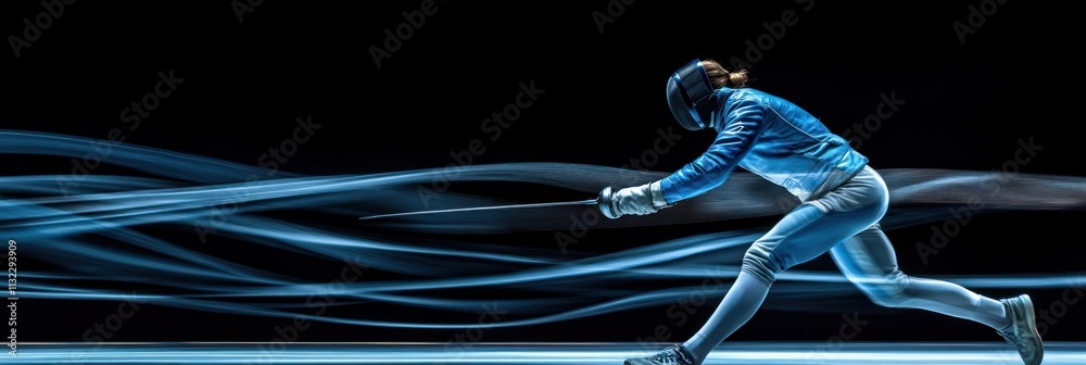 Poster female fencer in dynamic action, blurred motion background.