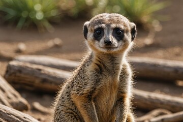Close view of Meerkat cub against natural environment blurred background.