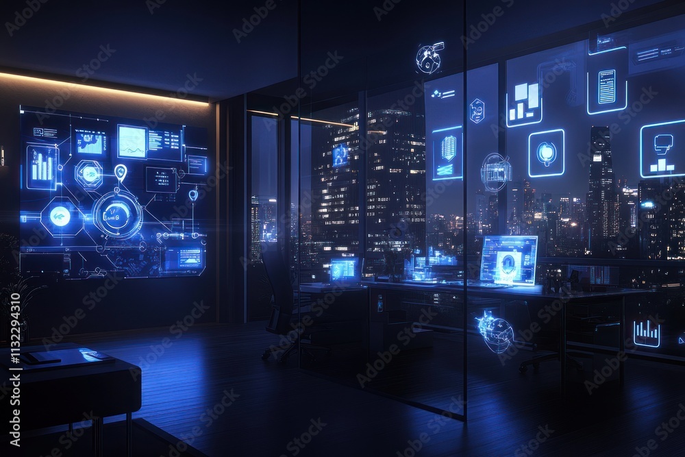 Aufkleber futuristic smart office at night with holographic displays showing data analytics and city view.