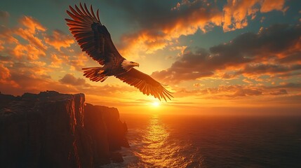 Obraz premium Eagle soaring at sunset over ocean cliffs nature photography scenic
