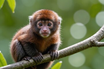 Fototapeta premium Close view of Red-Bellied Titi Monkey cub against natural environment blurred background.