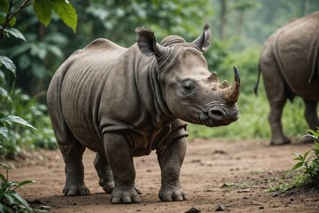 Obraz premium Close view of Javan Rhinoceros cub against natural environment blurred background.