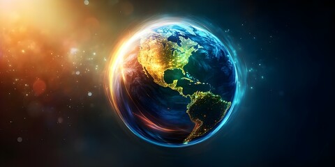 Obraz premium A digital rendering of Earth with vibrant colors highlighting North and South America, depicting lights from cities and natural beauty. Concept Digital Earth Rendering, Vibrant Colors