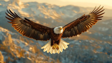 Fototapeta premium Bald eagle soars over mountainous landscape nature photography sunrise