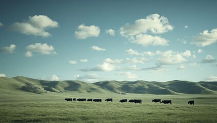 Obraz premium A Serene Pastoral Landscape with Cattle Grazing in the Expansive Green Meadow Under a Clear Blue Sky with Whimsical Clouds and Gentle Rolling Hills in the Background