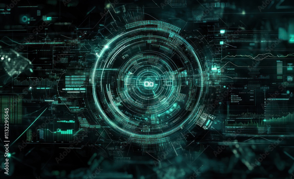 Poster Abstract digital interface with glowing circular elements and data streams.