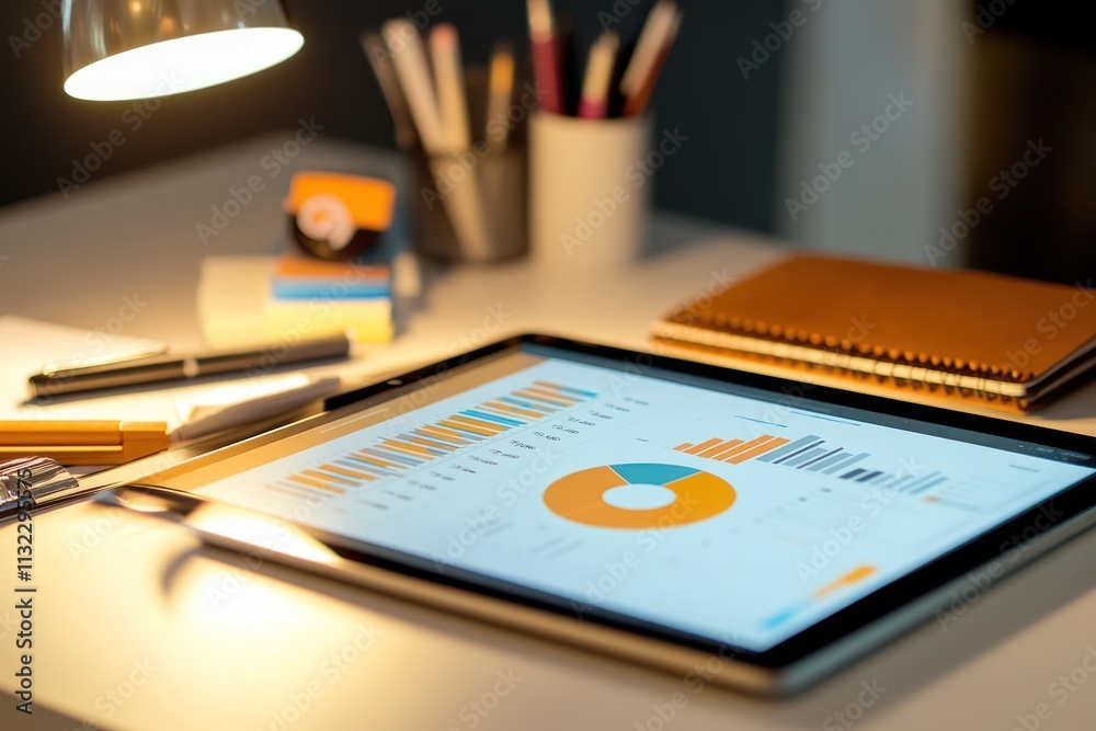 Leinwandbilder tablet displaying graphs and charts on a desk at night.