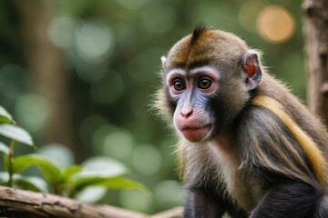 Obraz premium Close view of Mandrill cub against natural environment blurred background.