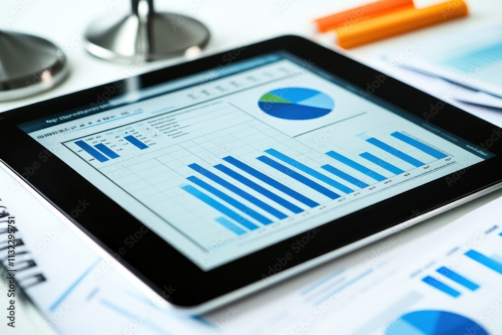Poster Tablet displaying financial charts and graphs on a desk.