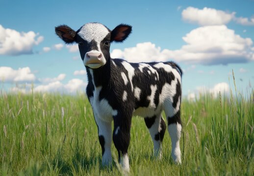 Adorable Black and White Calf Standing in Lush Green Field Under a Clear Blue Sky Surrounded by Soft White Clouds in a Serene Rural Landscape