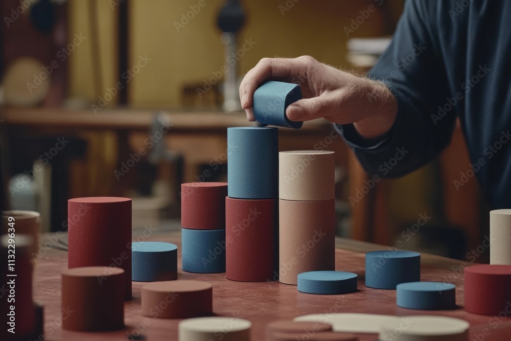 Aufkleber Close-up of a person's hand carefully placing a blue cylindrical block onto a stack of similar blocks in various colors and sizes on a wooden table.
