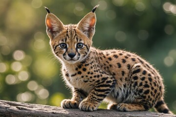 Fototapeta premium Close view of Serval cub against natural environment blurred background.