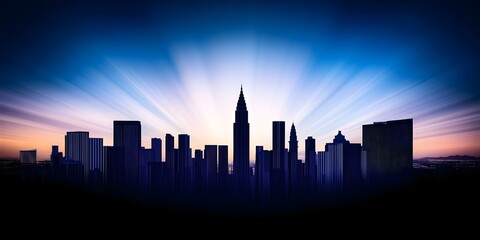 Obraz premium A city skyline silhouette during sunset, featuring tall buildings against a colorful gradient sky with rays of light. Concept City Skyline, Sunset Silhouette, Colorful Gradient Sky, Urban Landscape