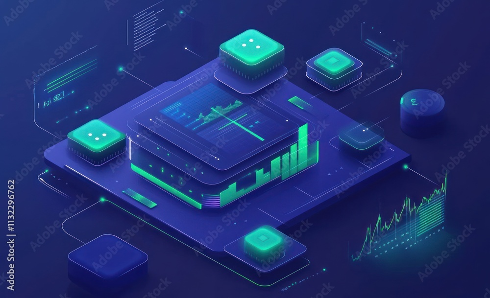 Poster Isometric illustration of data processing and analysis.