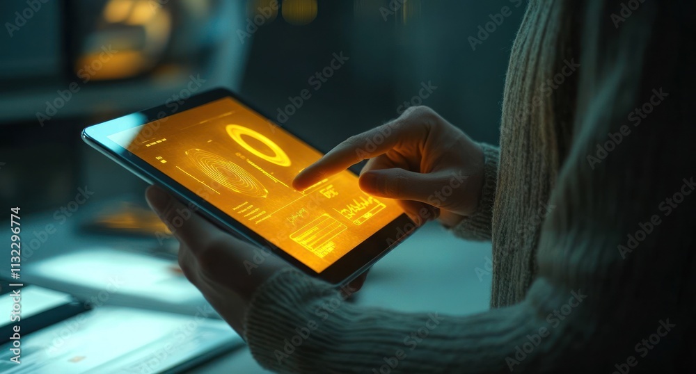 Poster Woman using tablet with glowing data interface.