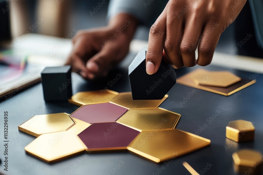 Poster close-up of hands arranging black geometric blocks on a gold and maroon honeycomb pattern.