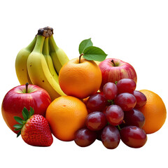 A realistic, vibrant high-resolution image of assorted fruits&mdash;apples, bananas, oranges, strawberries, and grapes
