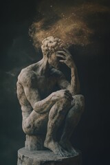 Fototapeta premium Stone figure sits, head in hands, cosmic dust above.