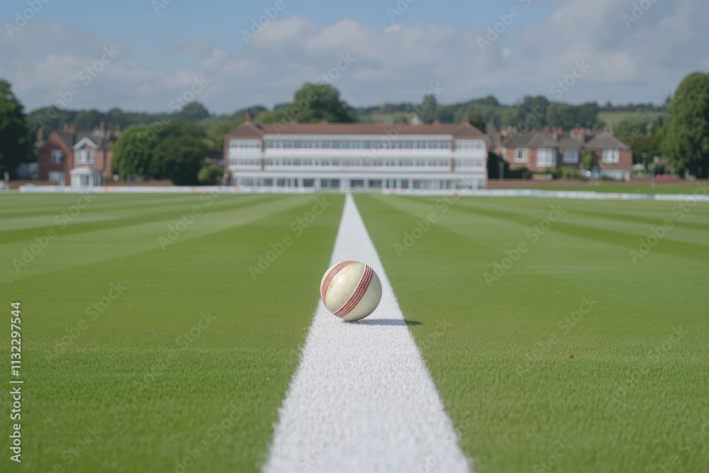 Poster cricket ball on center line of a green field with pavilion in background.
